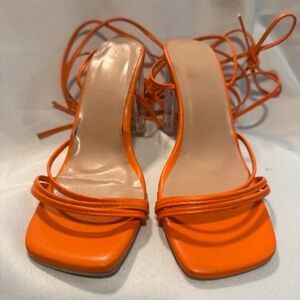 Strappy Orange Square-Toe Lace-Up Heels